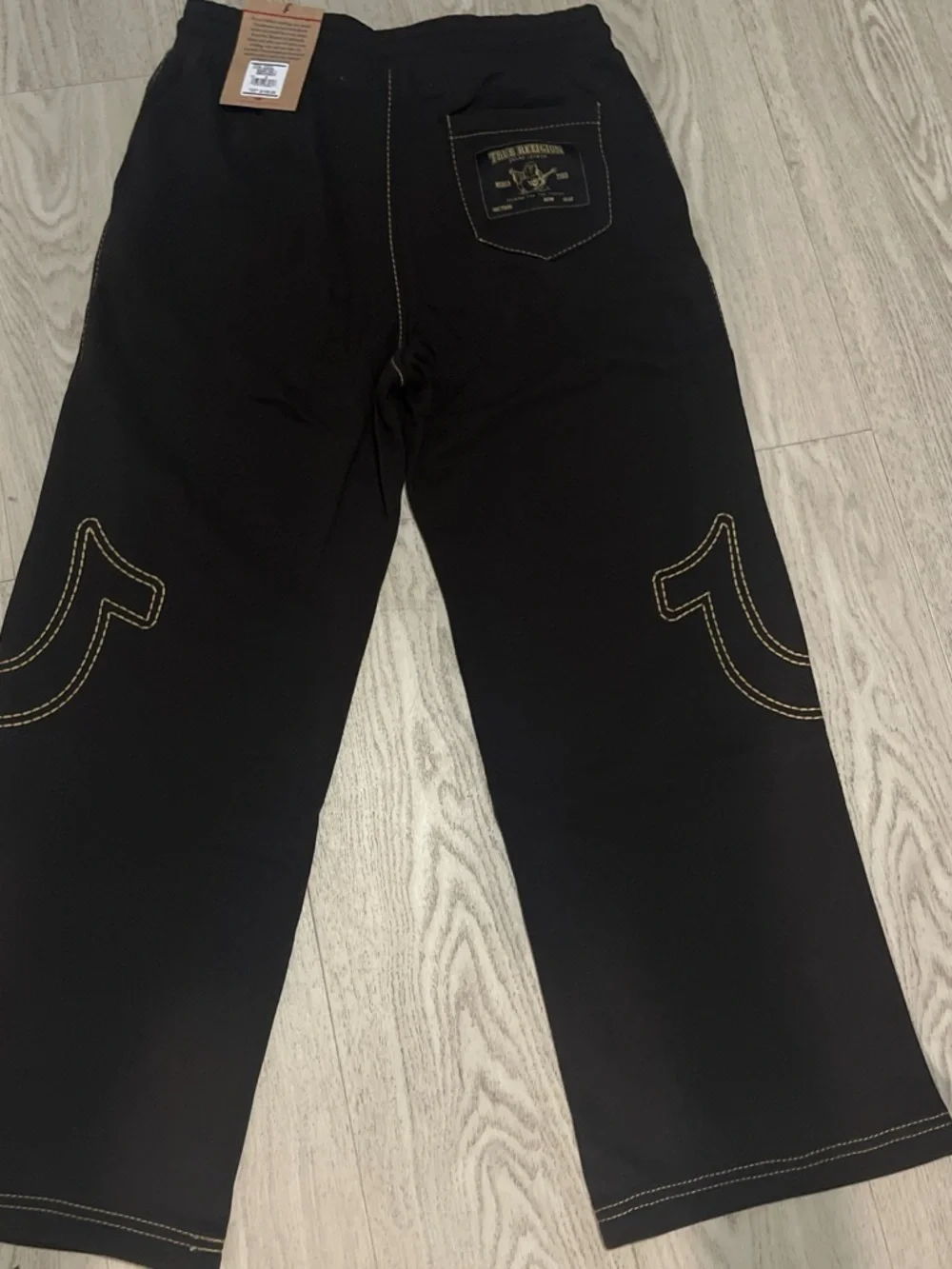 True Religion Black Wide-Leg Hoodie and Sweatpants Set with Gold Stitching